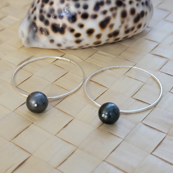 New Large Hoop Tahitian Pearl Earrings Sterling Silver - Picture 6 of 11